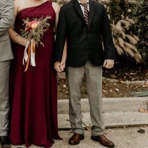 Wine, one-shouldered bridesmaids dress.